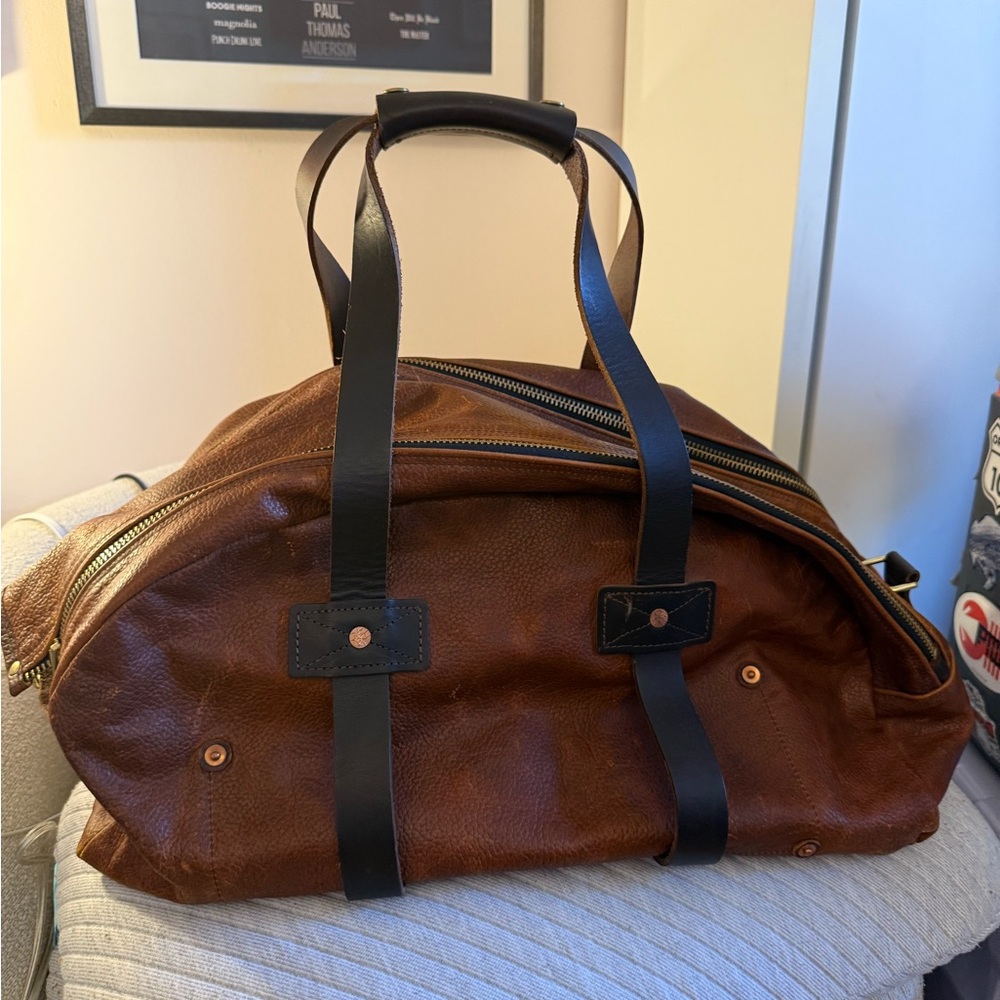 Billy Reid Brown Leather Duffel Bag with Black Straps